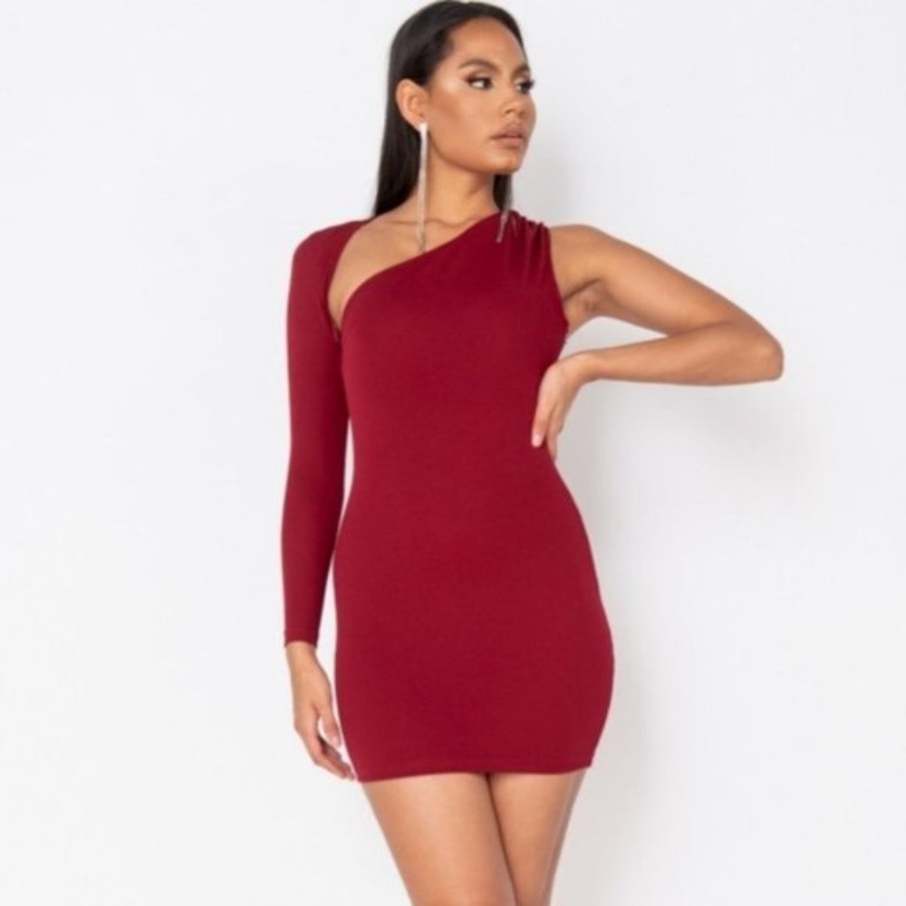 Burgundy Long Sleeve One Shoulder Bodycon Mini Dress
